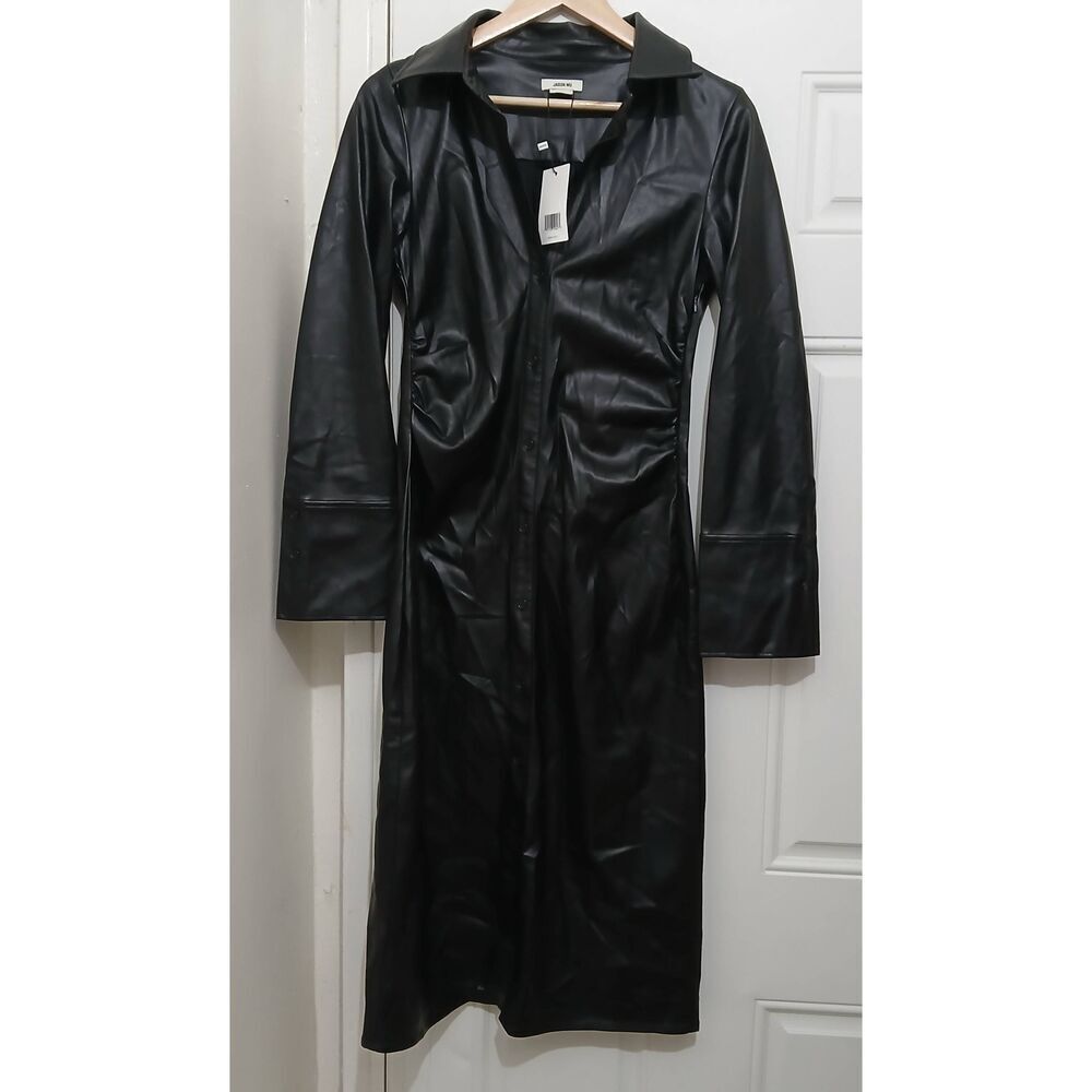 Jason Wu Womens Small Lamb Leather Long Black Dress Button Whimsy Goth Witchy